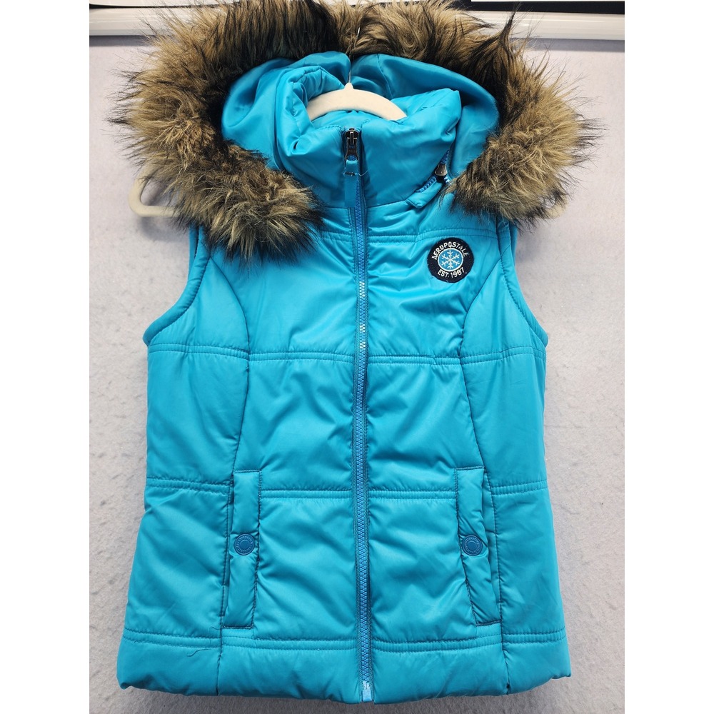 Aeropostale Blue Faux Fur Trim Hooded Puffer Vest Size S Ski Cabin Snow
